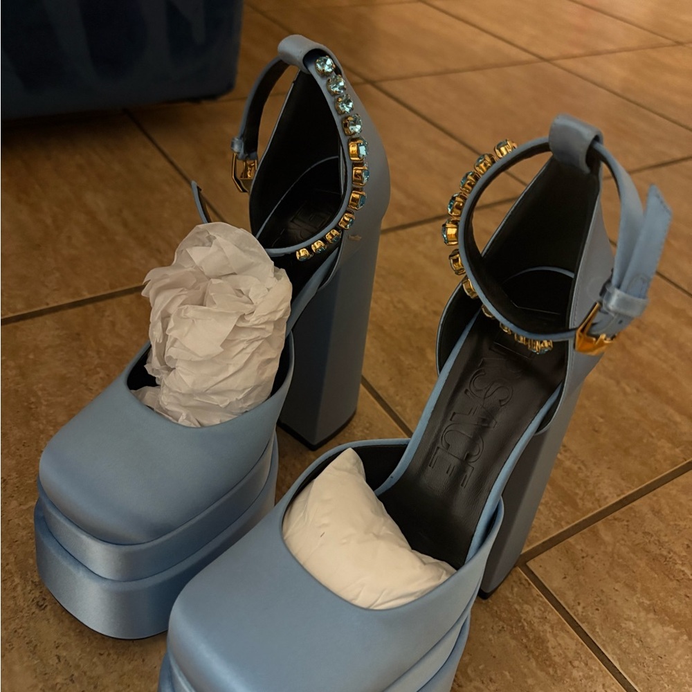 Versace Light Blue Platform Heels with Gold Accents